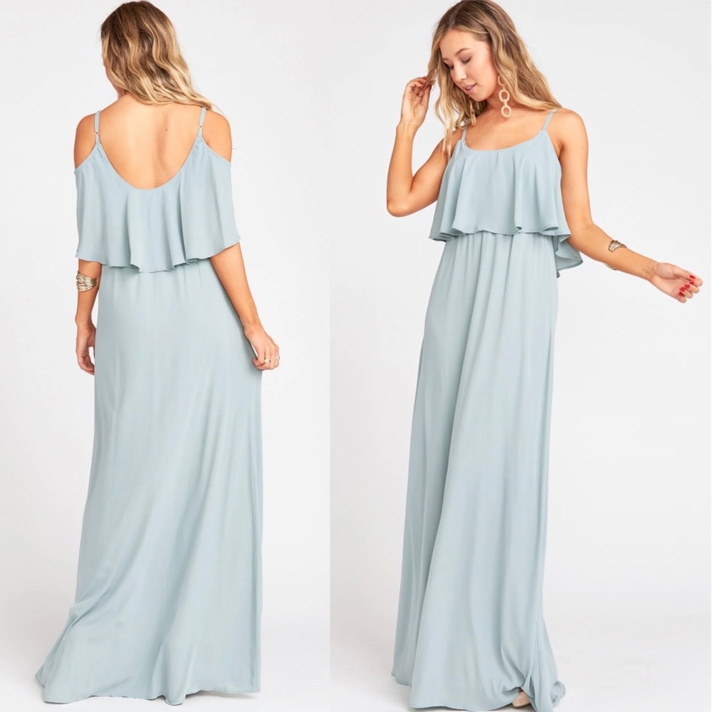 Show Me Your MuMu Caitlin Ruffle Maxi Dress in Silver Sage Crisp - Picture 2 of 7